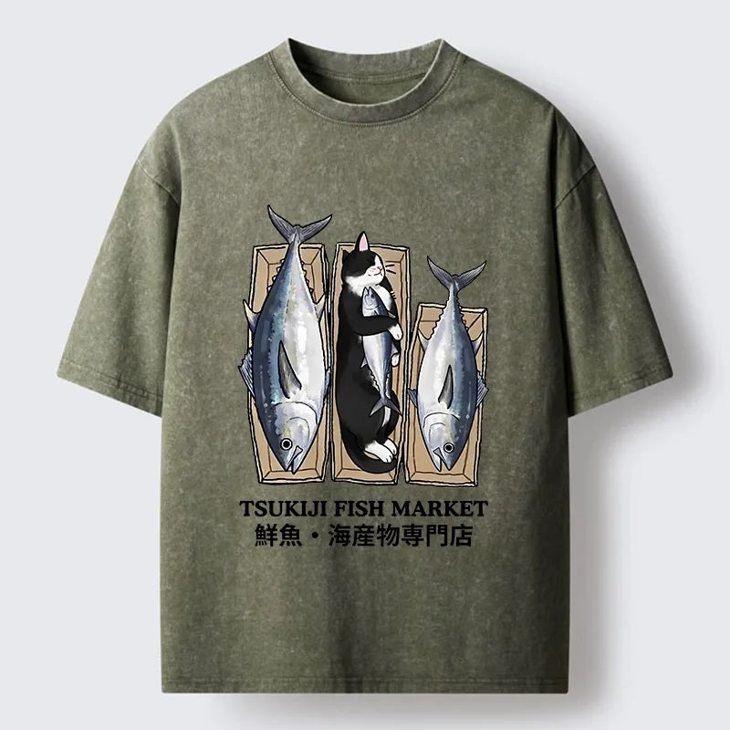Kyoto-Lion Tsukiji Fish Cat Meme Washed T-Shirt