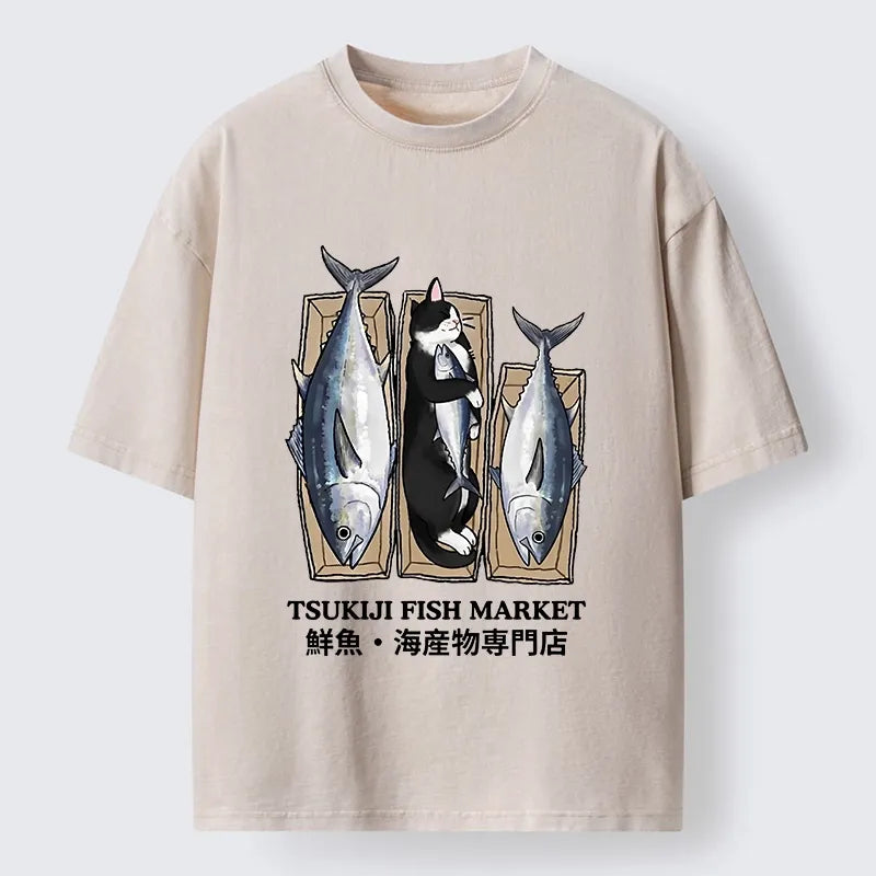 Kyoto-Lion Tsukiji Fish Cat Meme Washed T-Shirt