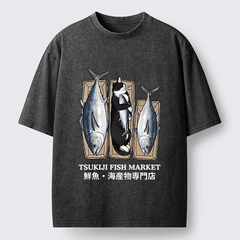 Kyoto-Lion Tsukiji Fish Cat Meme Washed T-Shirt