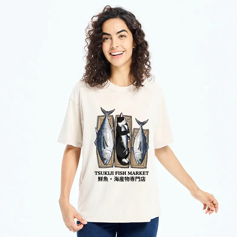 Kyoto-Lion Tsukiji Fish Cat Meme Washed T-Shirt