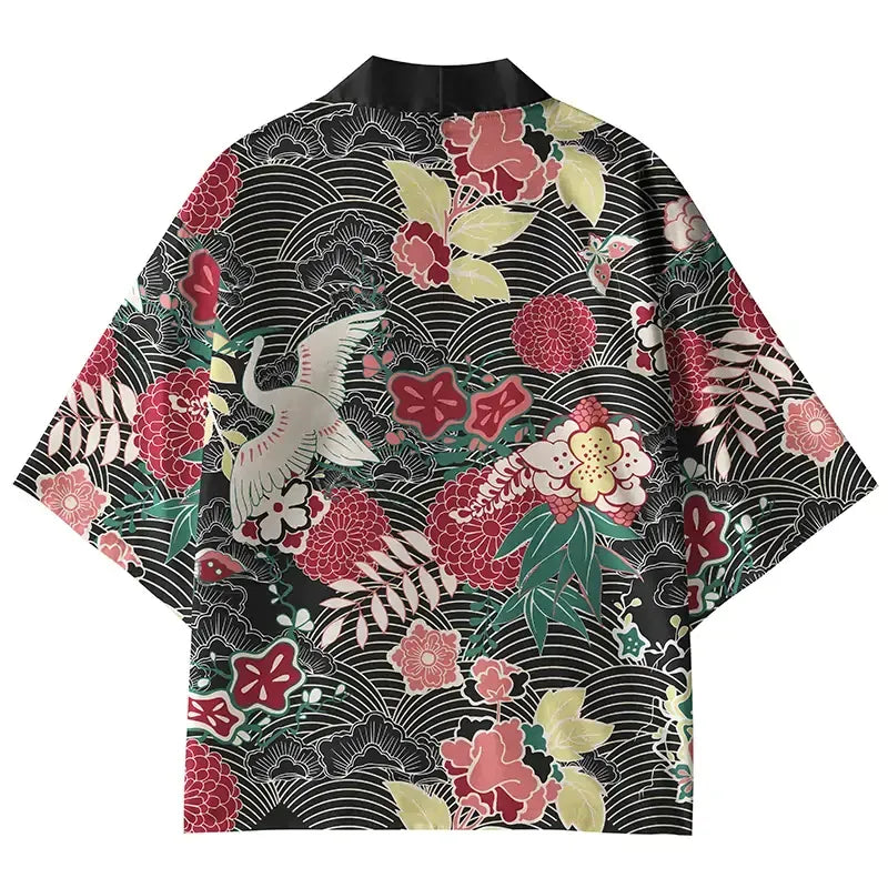 Kyoto-Lion Crane And Flowers Kimono Cardigan