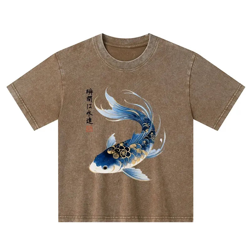 Kyoto-Lion Elegant Koi Fish Watercolor Art Kids Washed T-Shirt