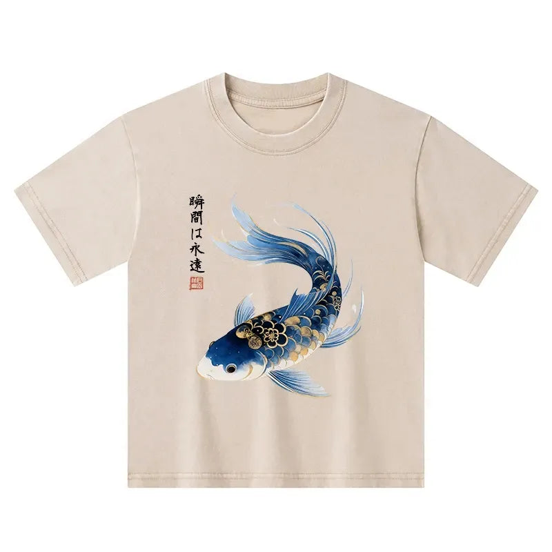 Kyoto-Lion Elegant Koi Fish Watercolor Art Kids Washed T-Shirt