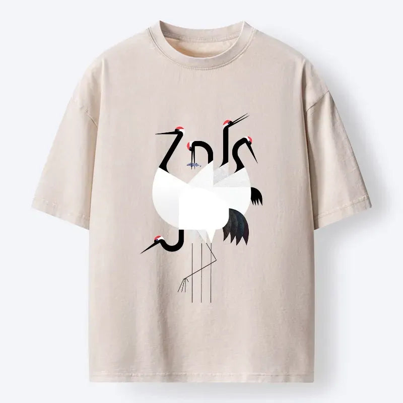 Kyoto-Lion Minimal Shaped Cranes Simple Graphic Washed T-Shirt