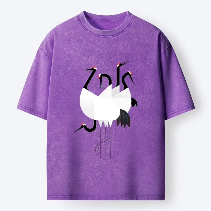 Kyoto-Lion Minimal Shaped Cranes Simple Graphic Washed T-Shirt