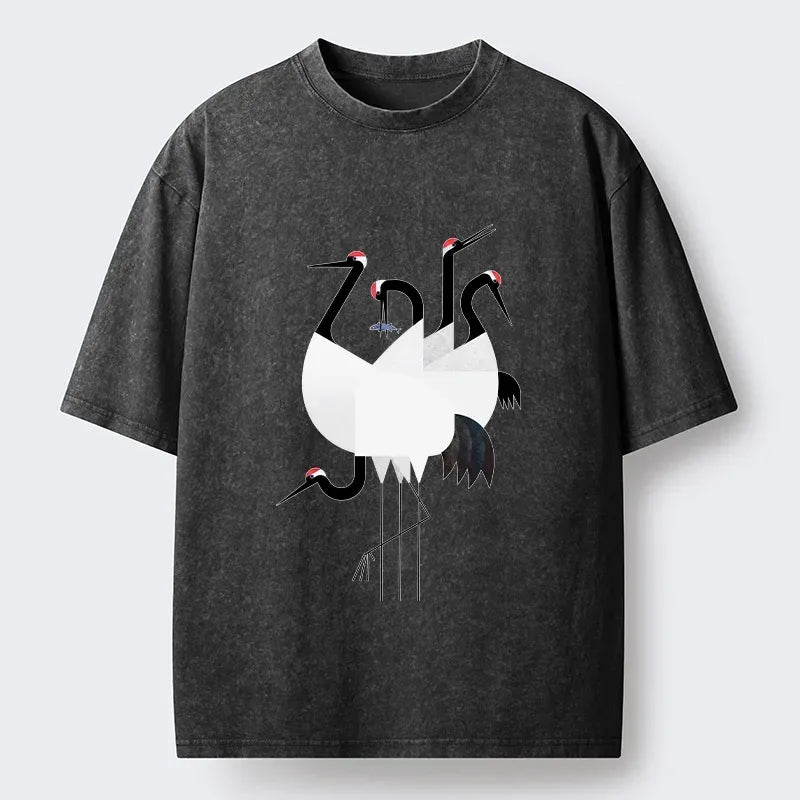 Kyoto-Lion Minimal Shaped Cranes Simple Graphic Washed T-Shirt