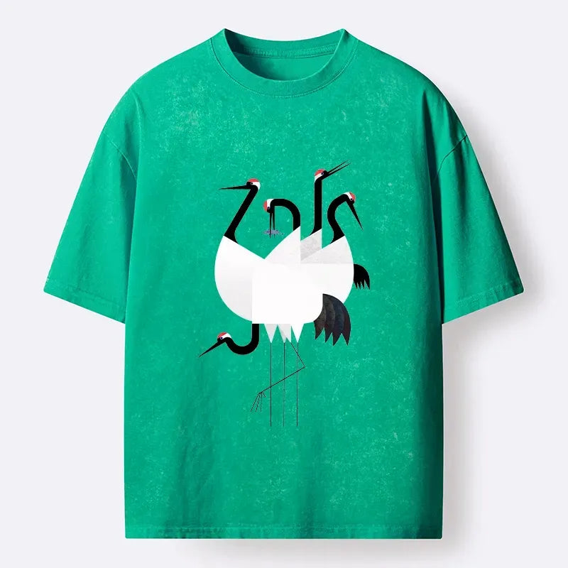 Kyoto-Lion Minimal Shaped Cranes Simple Graphic Washed T-Shirt