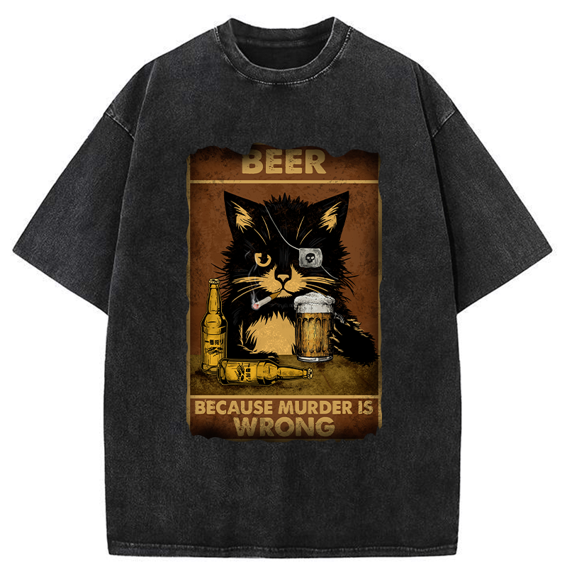 Kyoto-Lion Black Cat Drinking Beer Washed T-Shirt