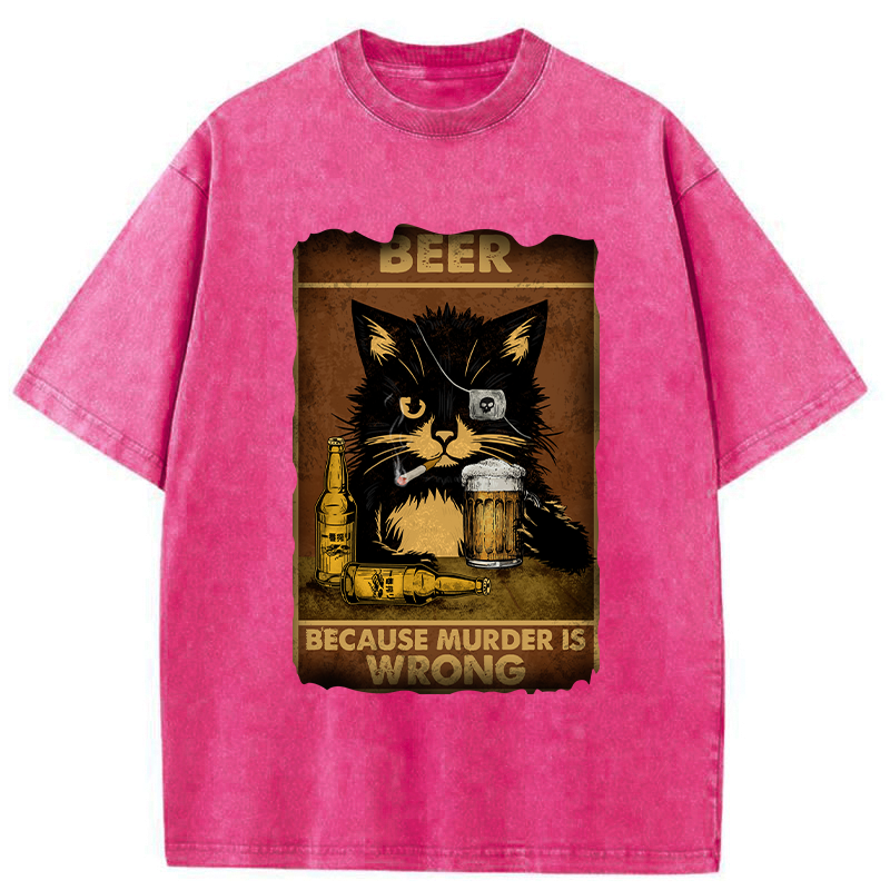 Kyoto-Lion Black Cat Drinking Beer Washed T-Shirt
