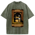 Kyoto-Lion Black Cat Drinking Beer Washed T-Shirt