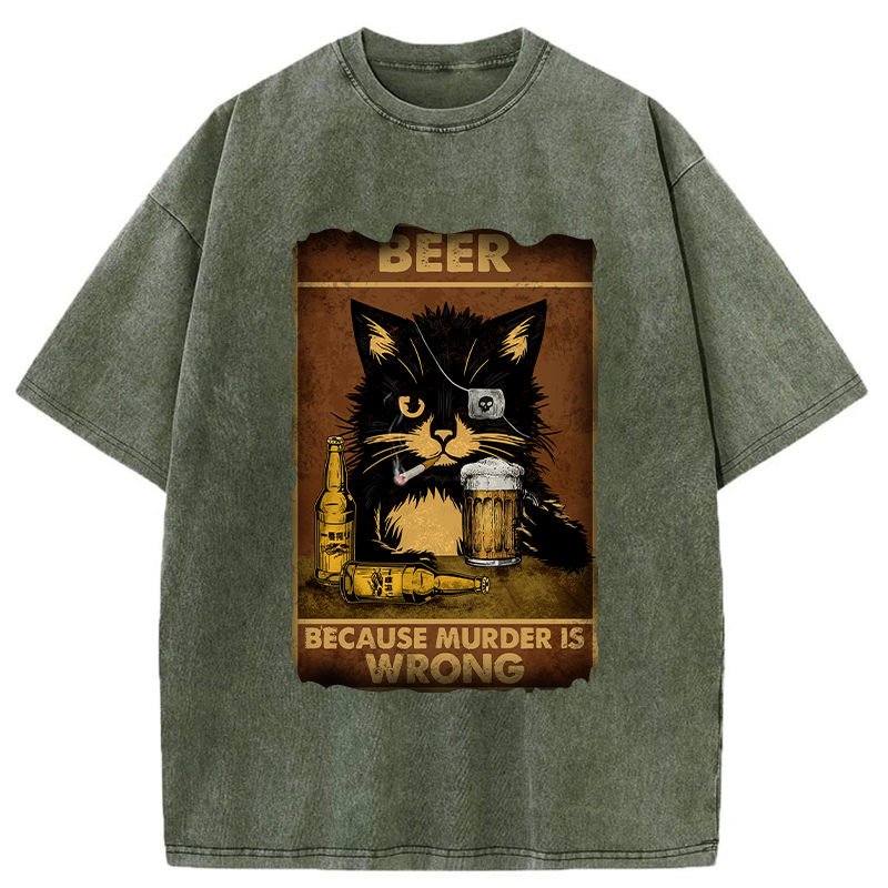 Kyoto-Lion Black Cat Drinking Beer Washed T-Shirt