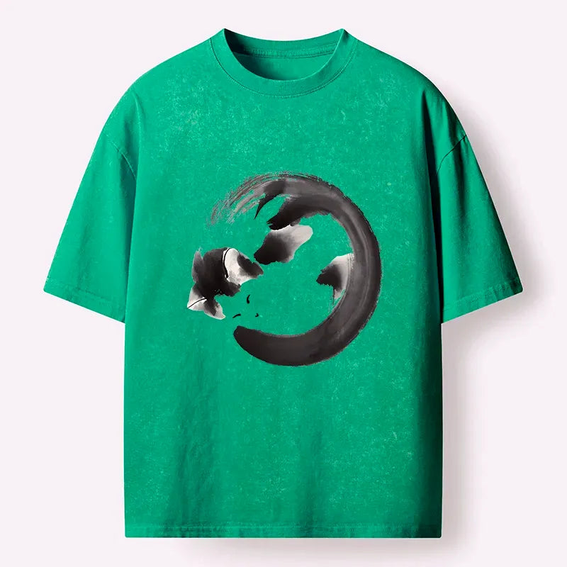 Kyoto-Lion Inkpainting Cat Zen Enso Washed T-Shirt