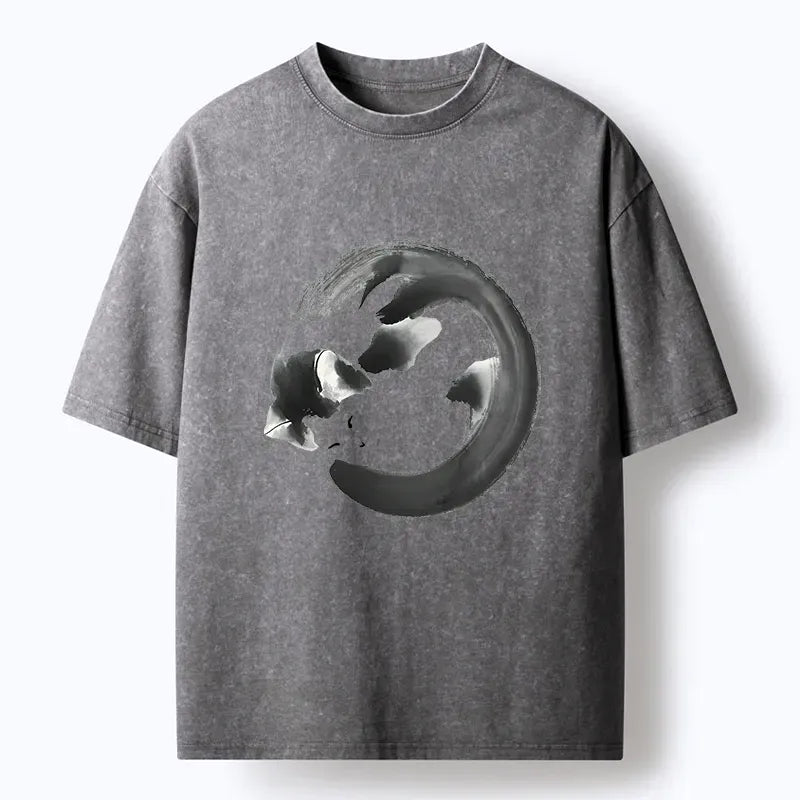 Kyoto-Lion Inkpainting Cat Zen Enso Washed T-Shirt