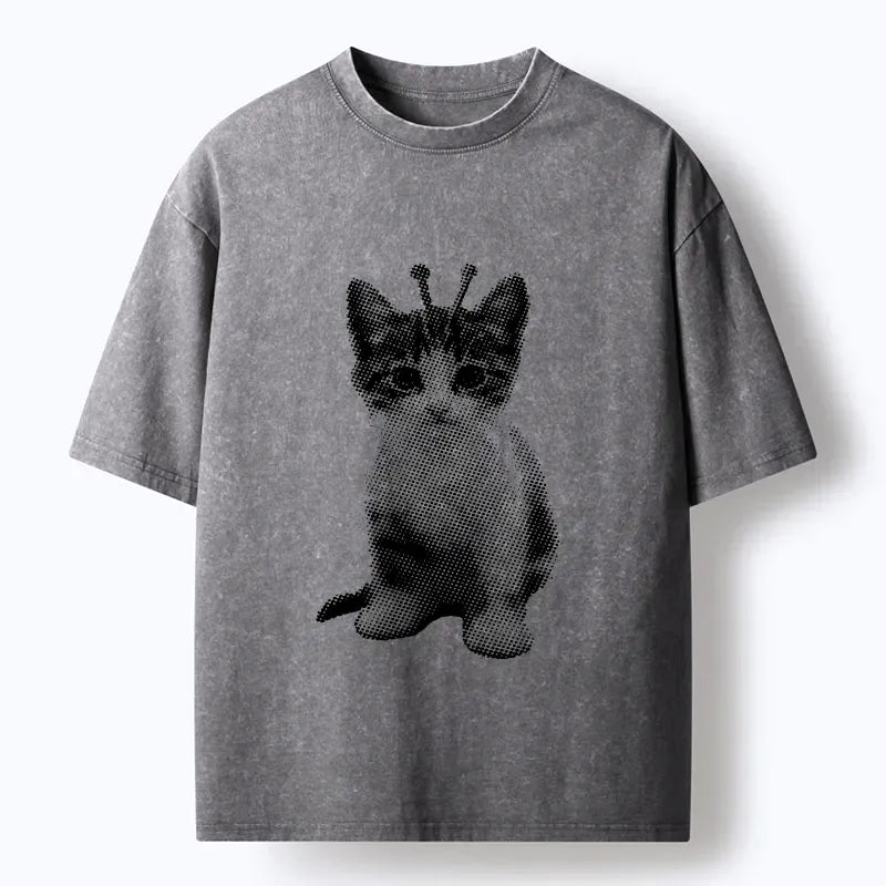 Japanese Vintage Washed Cat T-Shirt for Streetwear