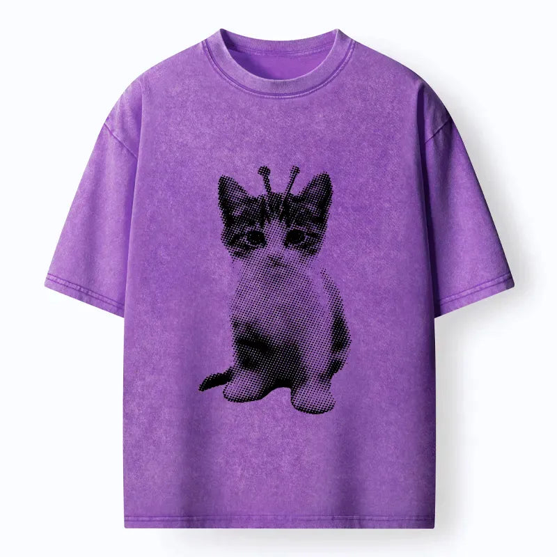 Japanese Vintage Washed Cat T-Shirt for Streetwear