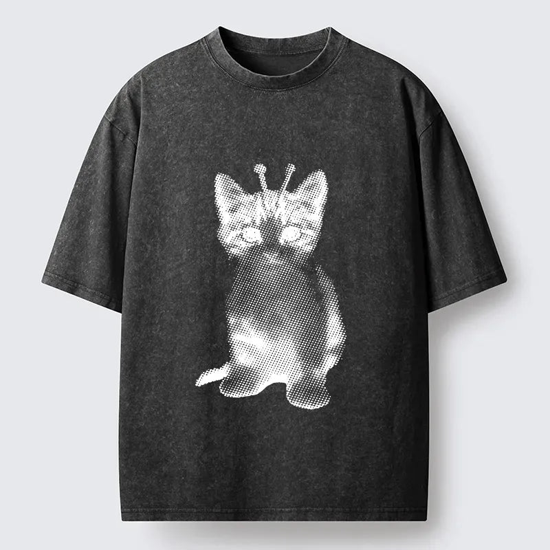 Japanese Vintage Washed Cat T-Shirt for Streetwear