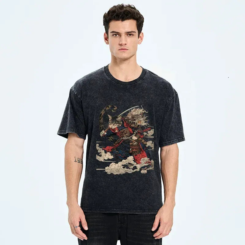 Samurai Cat Washed T-Shirt Best Seller
