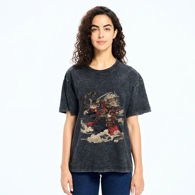 Kyoto-Lion Gorgeous Samurai Cat Washed T-Shirt