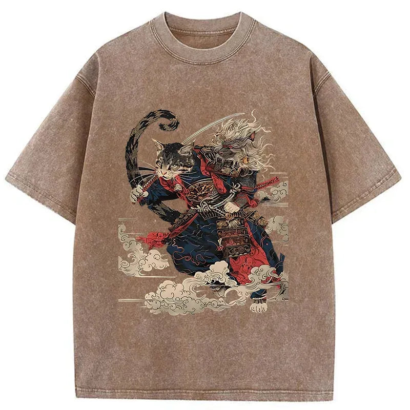 Kyoto-Lion Gorgeous Samurai Cat Washed T-Shirt