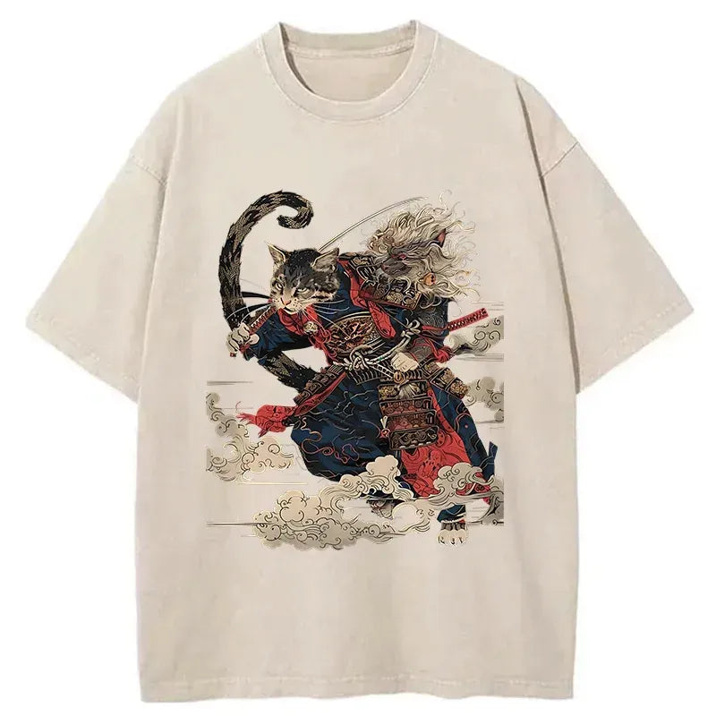 Samurai Cat Washed T-Shirt Best Seller