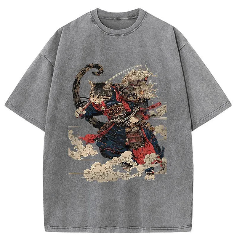 Samurai Cat Washed T-Shirt Best Seller