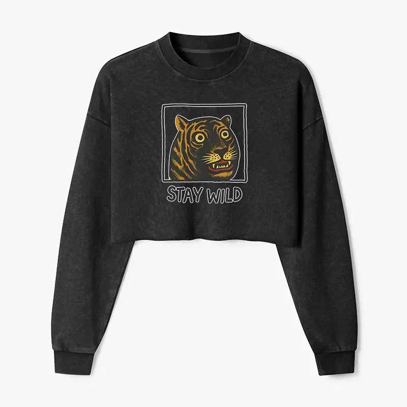 Kyoto-Lion Silly And Cute Tiger Washed Crop Sweatshirt