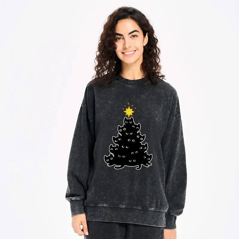 vintage washed black cat sweatshirt for holiday