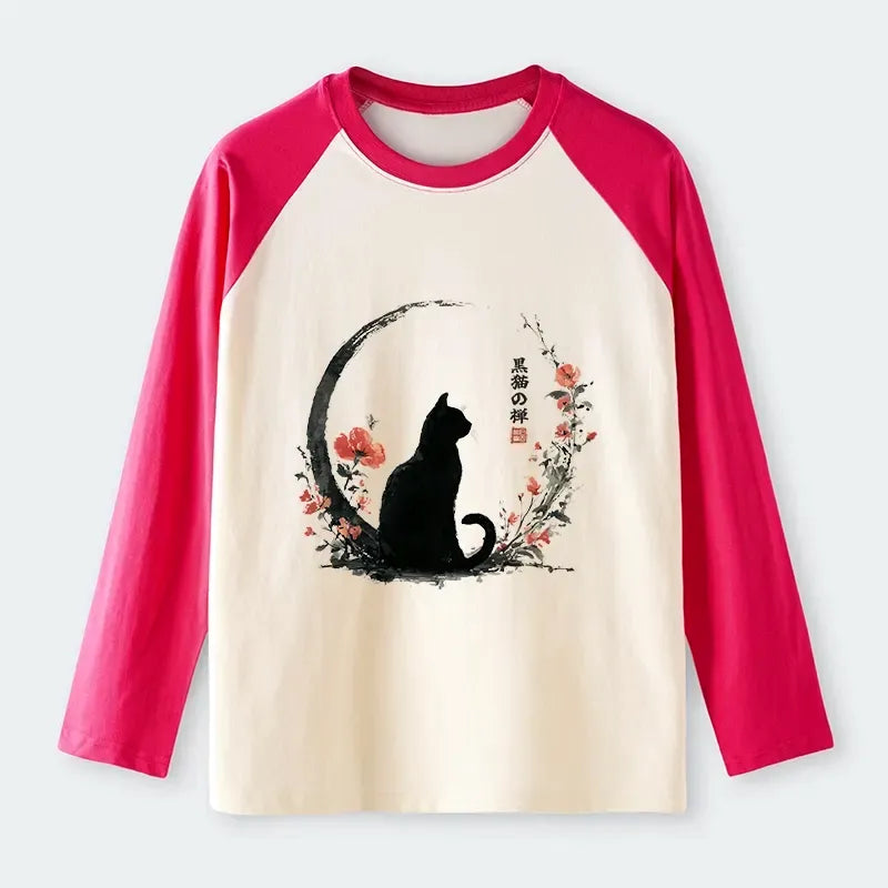 Kyoto-Lion Black Cat And Flowers Raglan Long Sleeve T-shirt