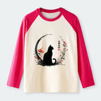 Kyoto-Lion Black Cat And Flowers Raglan Long Sleeve T-shirt