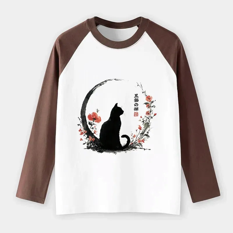 Japanese black cat raglan long sleeve t-shirt