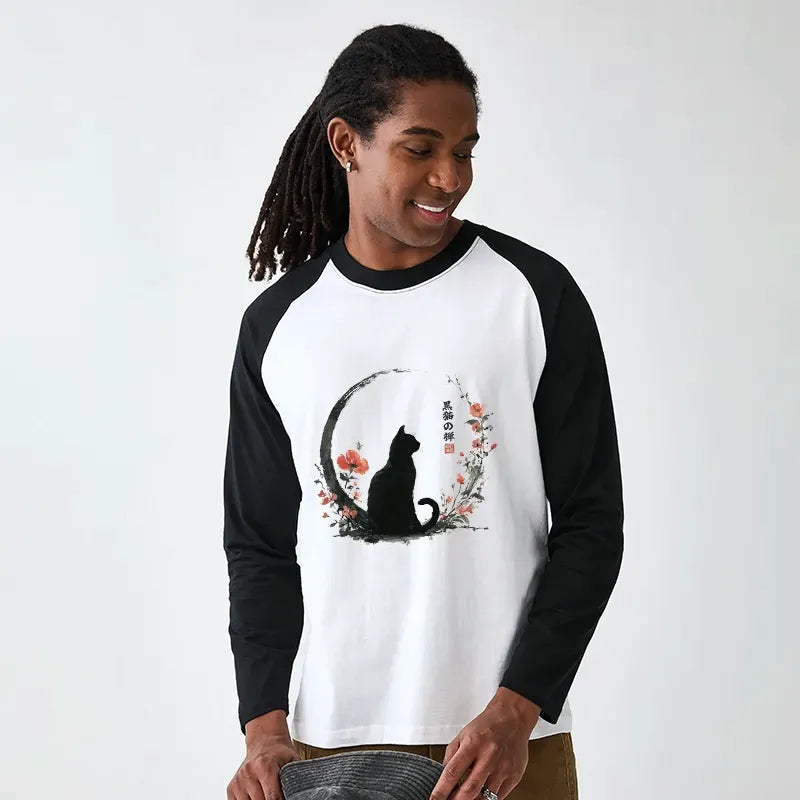Kyoto-Lion Black Cat And Flowers Raglan Long Sleeve T-shirt