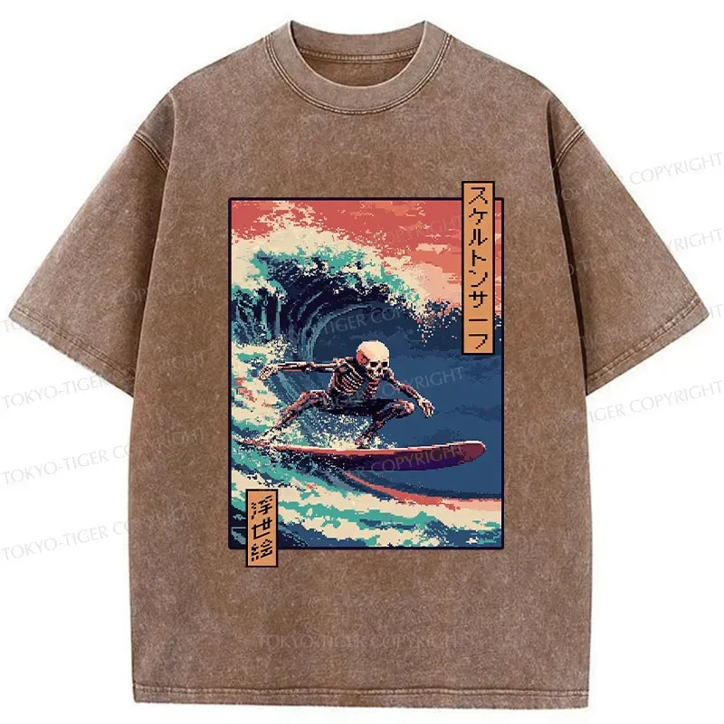Kyoto-Lion Skeleton Surfing Washed T-Shirt