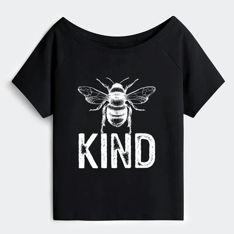 Kyoto-Lion Minimalist Bee Kind Illustration Off Shoulder T-Shirt