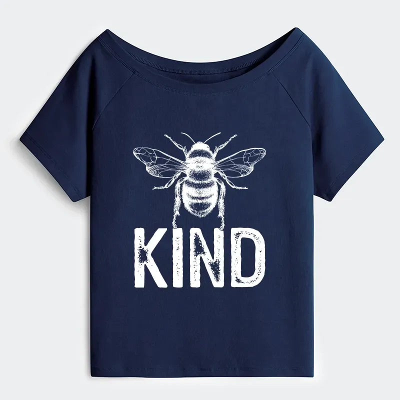Kyoto-Lion Minimalist Bee Kind Illustration Off Shoulder T-Shirt