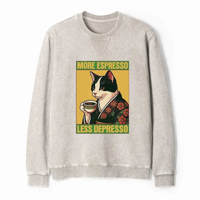Kyoto-Lion Tuxedo Cat Drinking Coffee Washed Terry Sweatshirt
