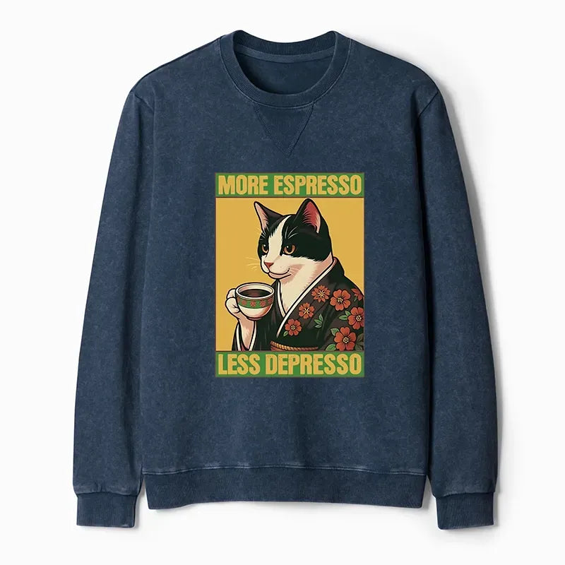 Kyoto-Lion Tuxedo Cat Drinking Coffee Washed Terry Sweatshirt