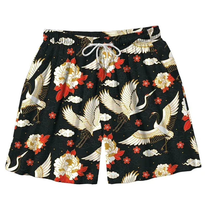 Kyoto-Lion Celestial Cranes And Blossoms Aloha Mens Swim Trunks