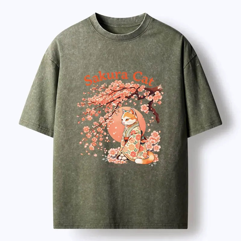 Kyoto-Lion Cat Under The Sakura Washed T-Shirt