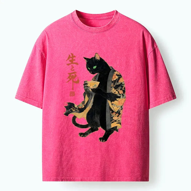 Kyoto-Lion Black Cat In Kimono Art Print Washed T-Shirt