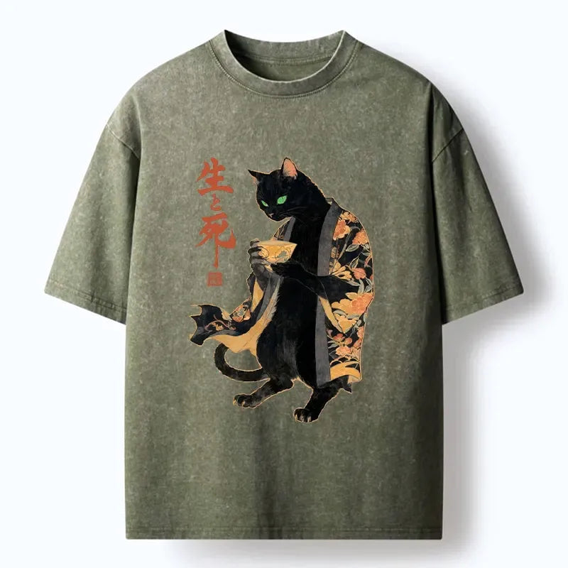 Japanese Vintage Black Cat Kimono T-Shirt