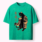 Kyoto-Lion Black Cat In Kimono Art Print Washed T-Shirt
