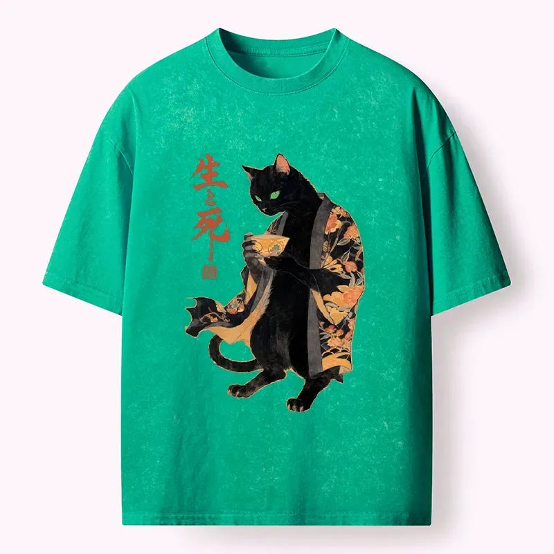 Kyoto-Lion Black Cat In Kimono Art Print Washed T-Shirt