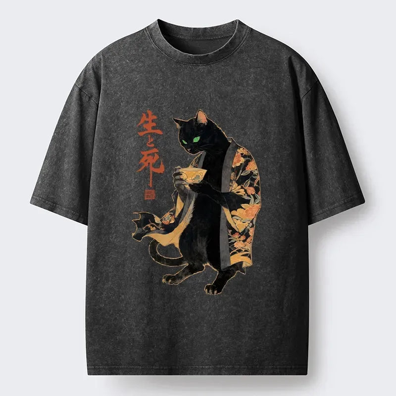 Kyoto-Lion Black Cat In Kimono Art Print Washed T-Shirt