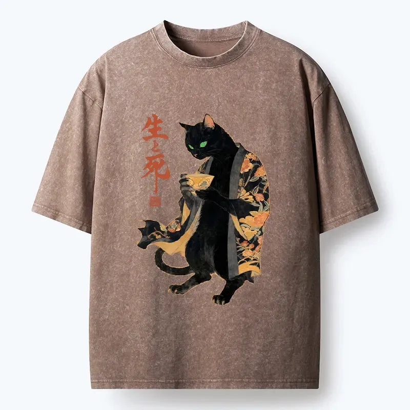 Japanese Vintage Black Cat Kimono T-Shirt