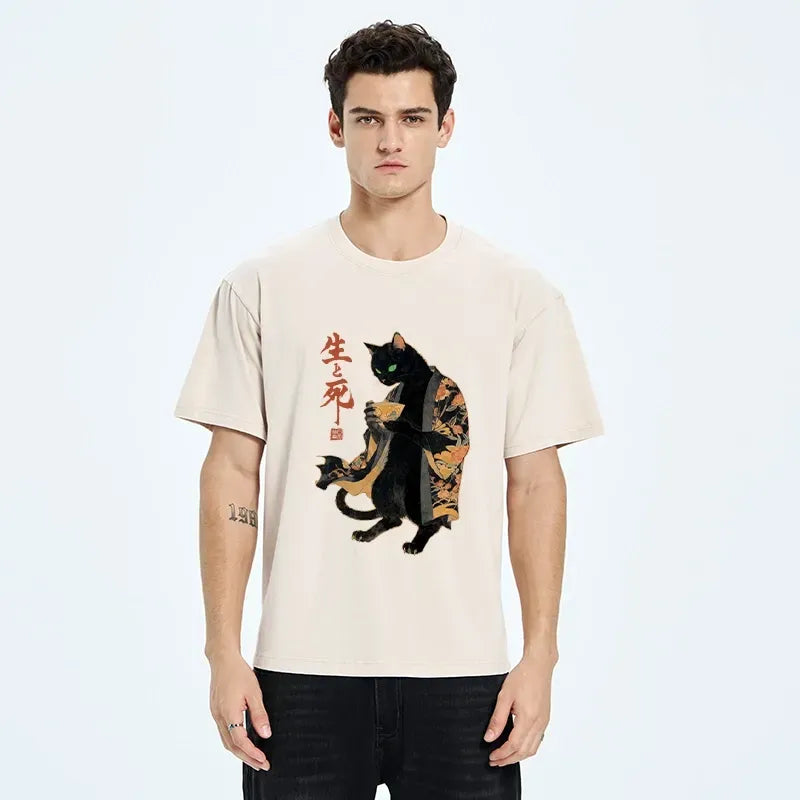 Kyoto-Lion Black Cat In Kimono Art Print Washed T-Shirt