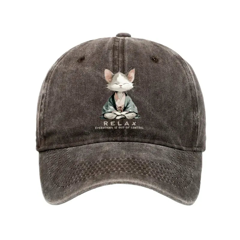 japanese zen cat washed cap for everyday