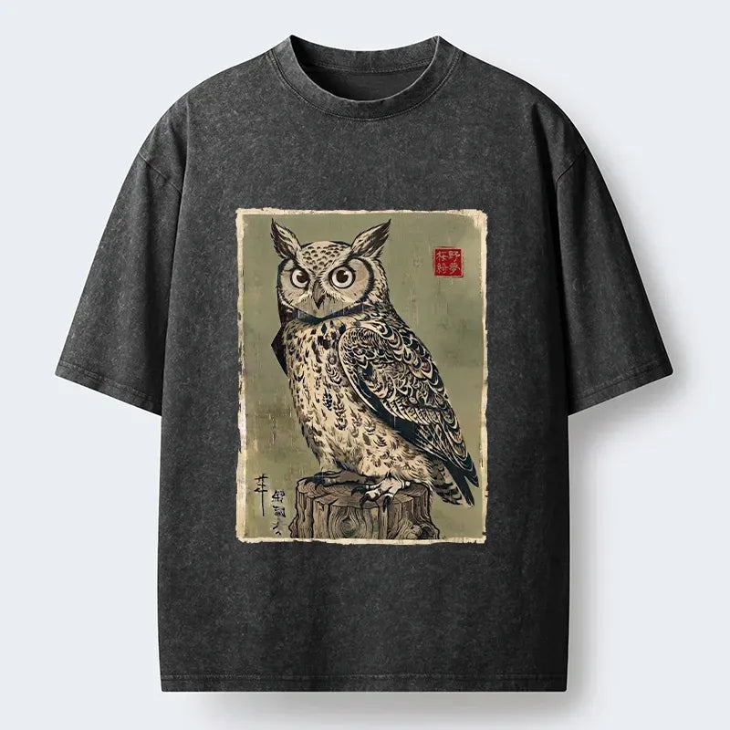 Japanese Owl Washed T-Shirt for Summer