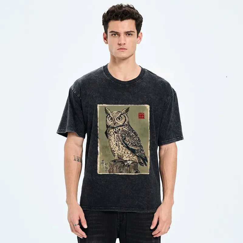 Kyoto-Lion Wise Forest Owl Washed T-Shirt