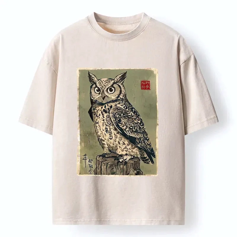 Japanese Owl Washed T-Shirt for Summer