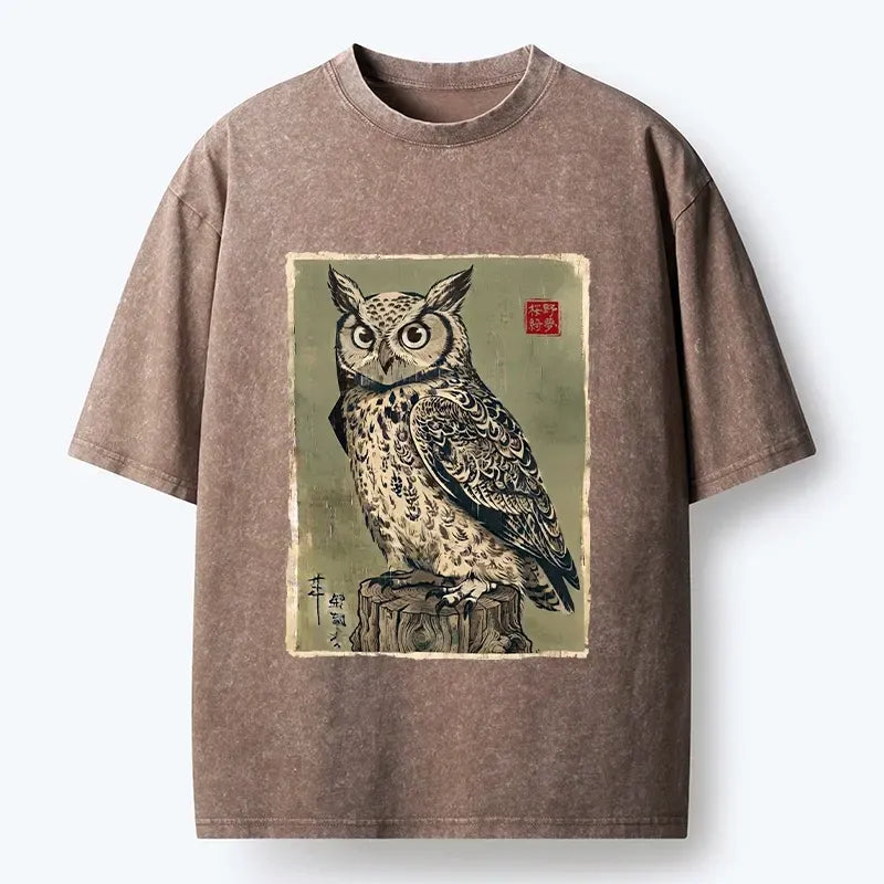 Kyoto-Lion Wise Forest Owl Washed T-Shirt
